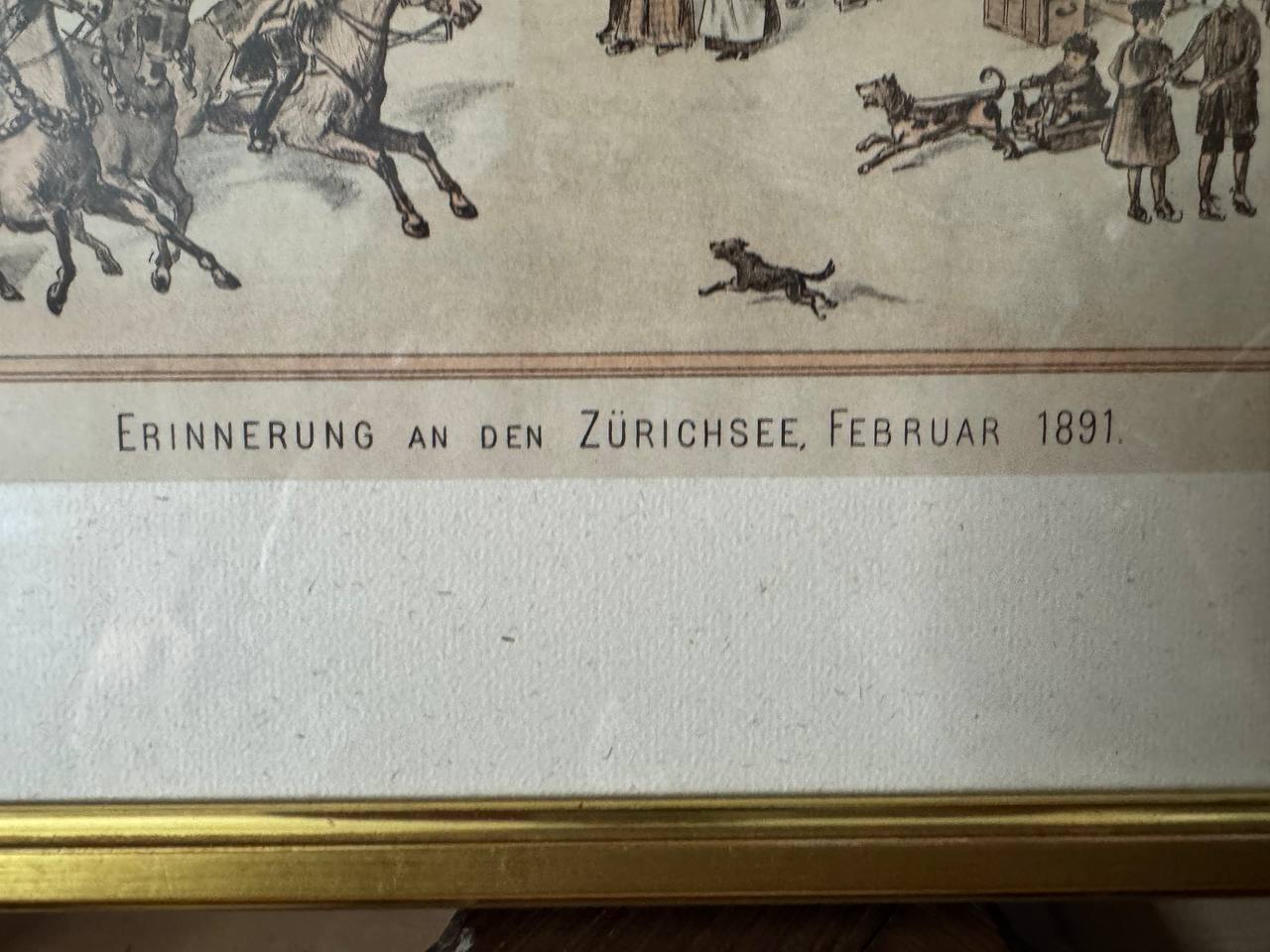 Erinnerung an den Zürichsee, Februar 1891 (Seegfrörni) – Kolorierte Lithographie von Hofer & Burger — Inschrift