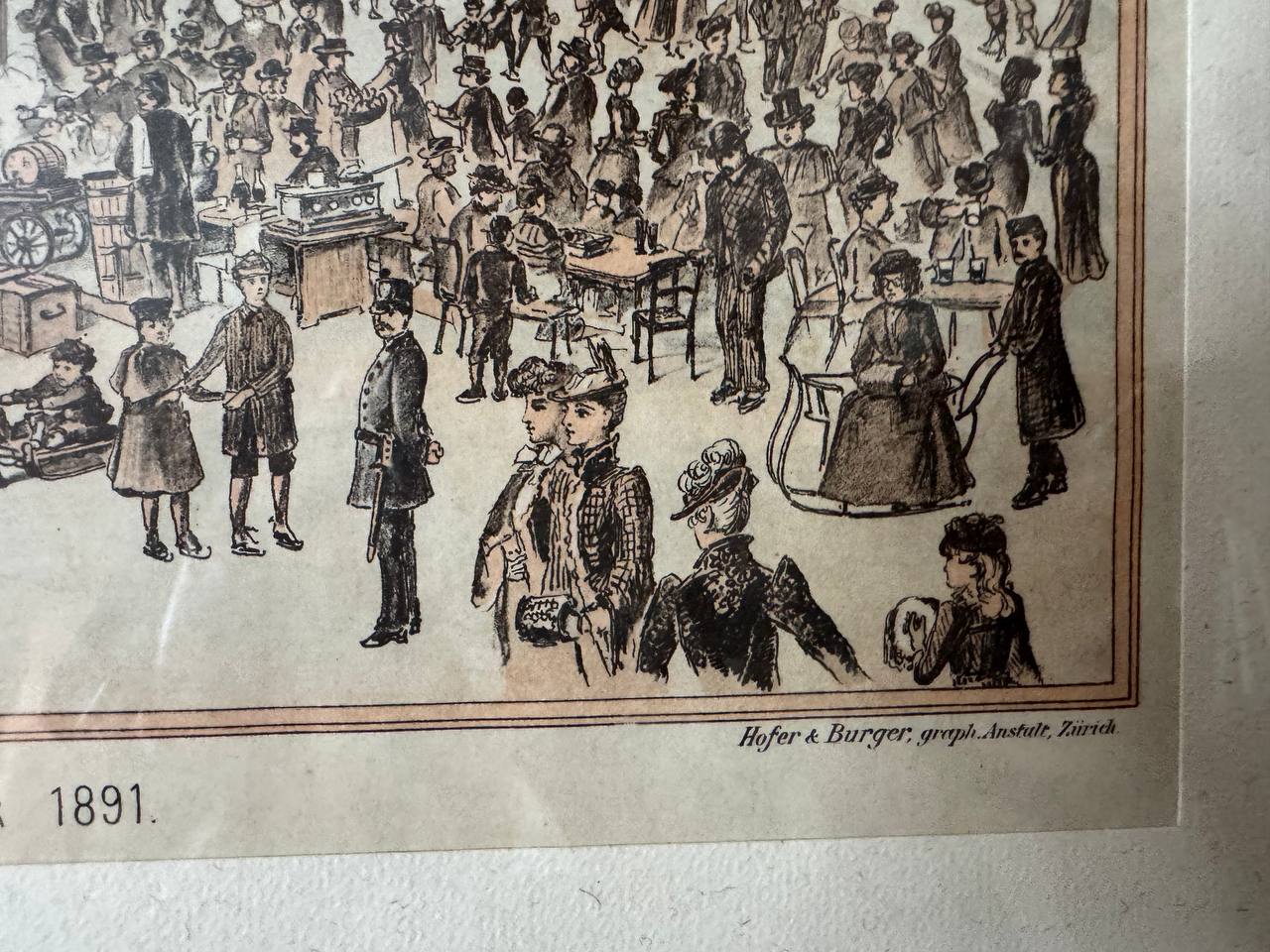 Erinnerung an den Zürichsee, Februar 1891 (Seegfrörni) – Kolorierte Lithographie von Hofer & Burger — Inschrift