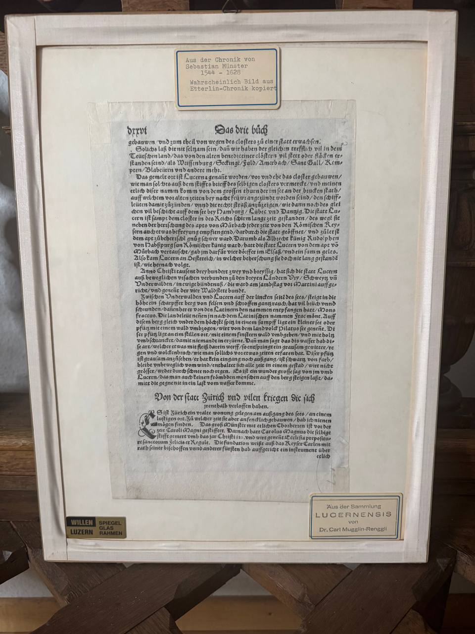 Luzern Stadtansicht – Original-Holzschnitt aus Sebastian Münsters Cosmographia, 16. Jahrhundert — Rückseite