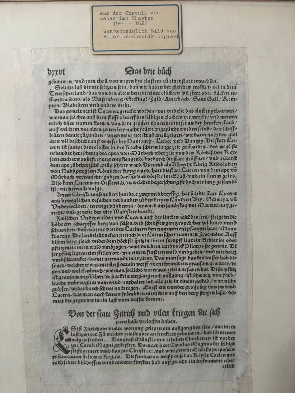 Luzern Stadtansicht – Original-Holzschnitt aus Sebastian Münsters Cosmographia, 16. Jahrhundert — Inschrift