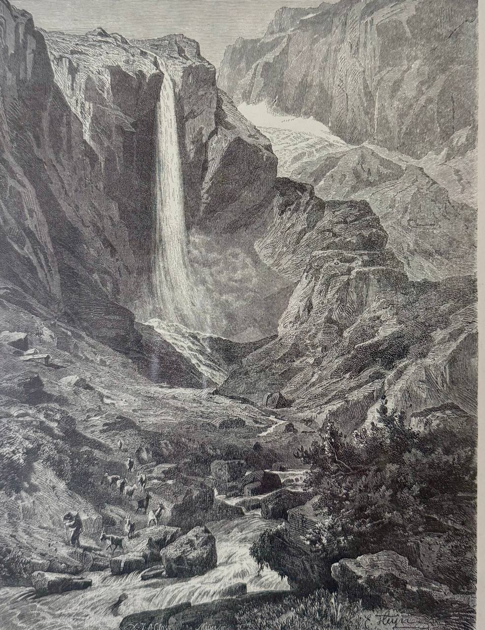 Faulenbachfall im Erstfelder Thal – Originaler Holzschnitt nach X. J. A. Closs, gestochen von Meyer — Rückseite
