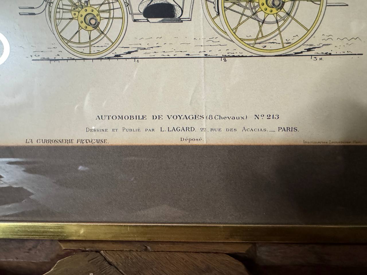 Automobile de Voyages (8 Chevaux) No. 213 – Kolorierte Lithographie aus «La Carrosserie Française», L. Lagard, Paris — Inschrift