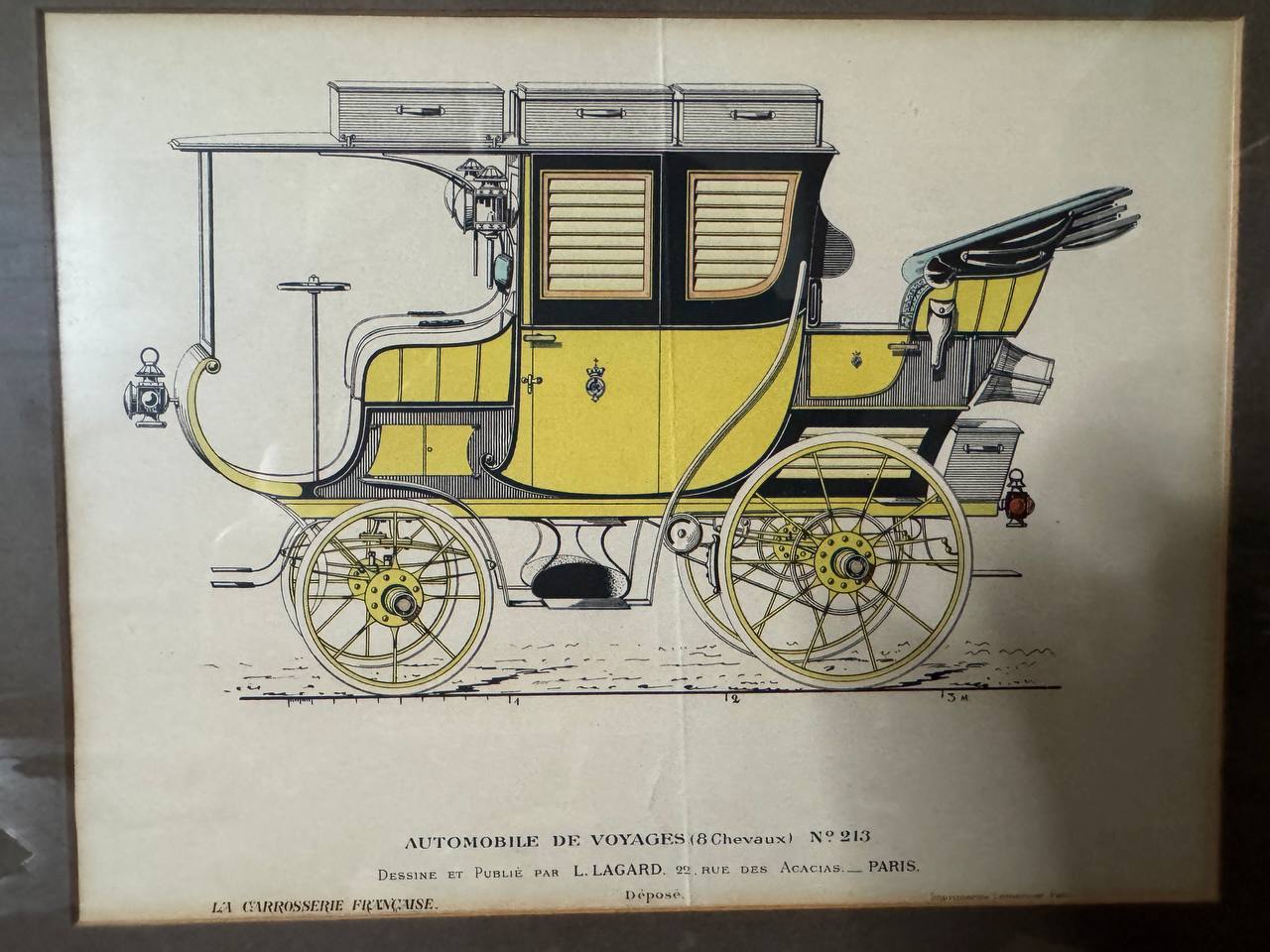 Automobile de Voyages (8 Chevaux) No. 213 – Kolorierte Lithographie aus «La Carrosserie Française», L. Lagard, Paris — Vorderseite