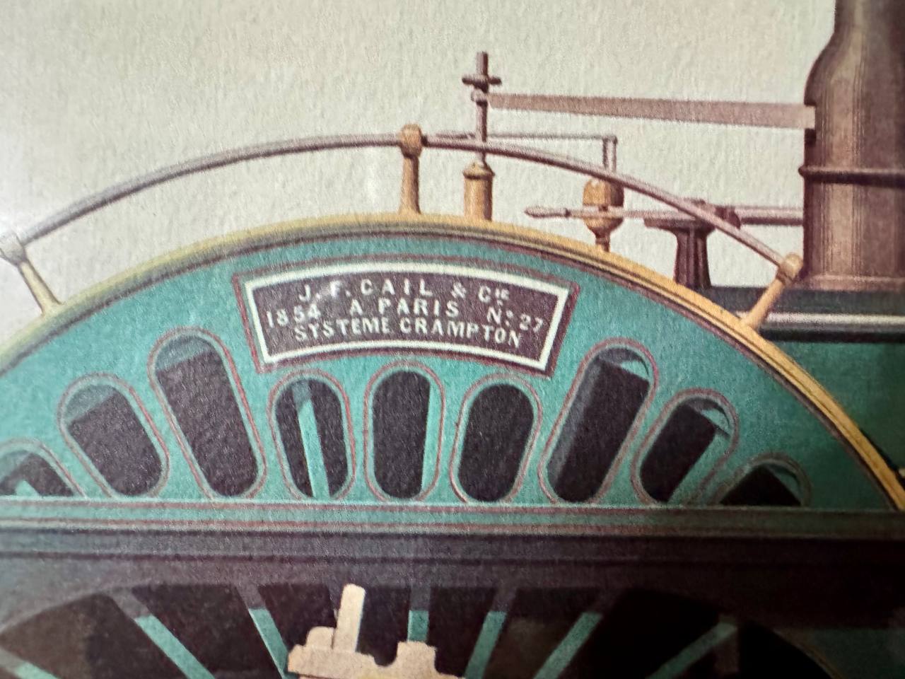 Locomotive à Voyageurs 1846 – Dampflokomotive Typ Crampton, J.F. Cail & Cie Paris – Chromolithographie nach Musée National de Compiègne — Inschrift