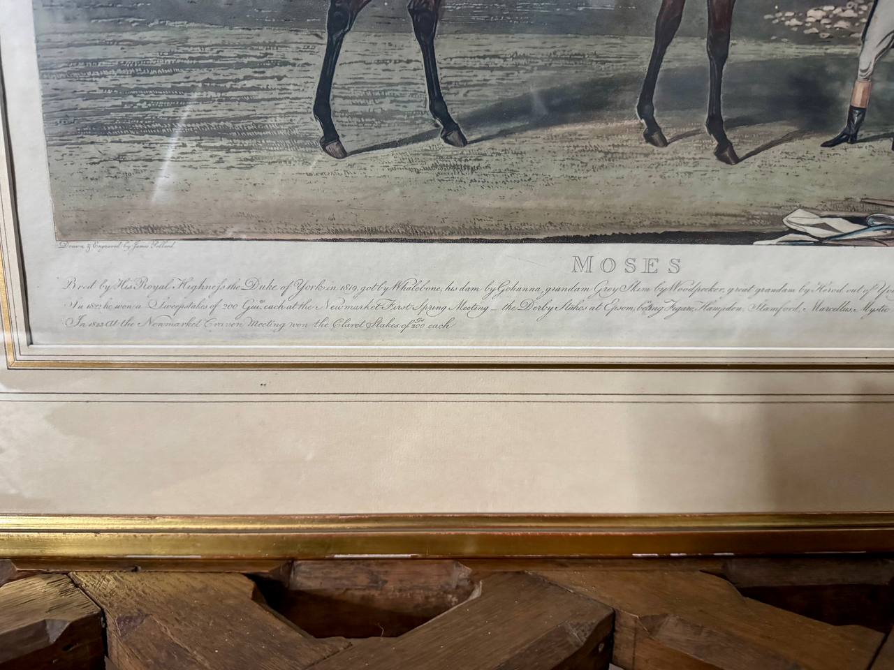 Moses – Kolorierter Aquatinta-Stich des Derby-Siegers 1822, gezeichnet und gestochen von James Pollard — Inschrift