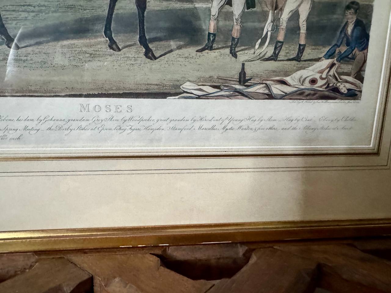 Moses – Kolorierter Aquatinta-Stich des Derby-Siegers 1822, gezeichnet und gestochen von James Pollard — Inschrift