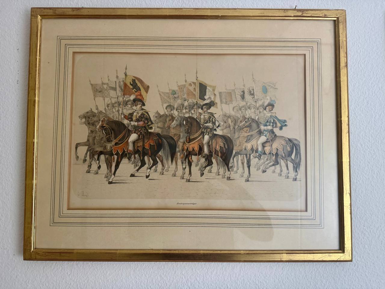 Aemterpannerträger – Historischer Reiterumzug mit Schweizer Kantonswappen, kolorierte Lithographie — Vorderseite