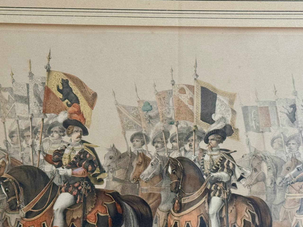 Aemterpannerträger – Historischer Reiterumzug mit Schweizer Kantonswappen, kolorierte Lithographie — Kontext