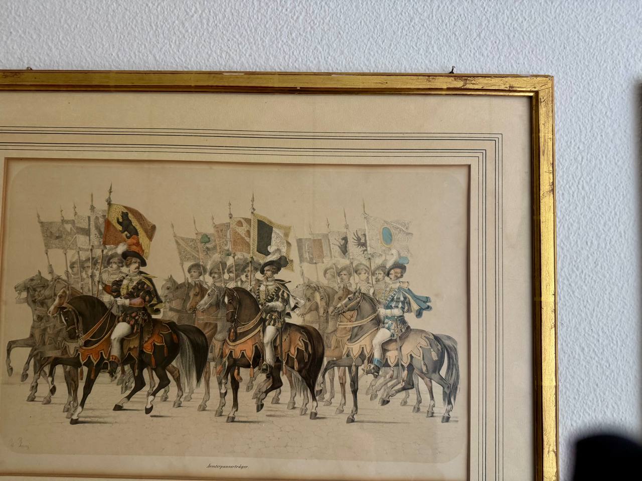Aemterpannerträger – Historischer Reiterumzug mit Schweizer Kantonswappen, kolorierte Lithographie — Rahmen