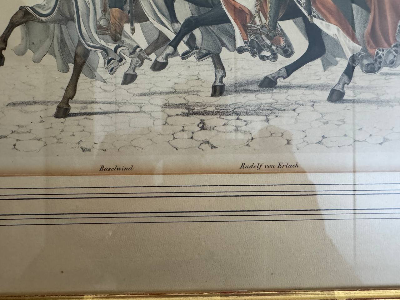 Rudolf von Erlach und Baselwind – Schweizer Ritter zu Pferde, kolorierte Lithographie — Inschrift
