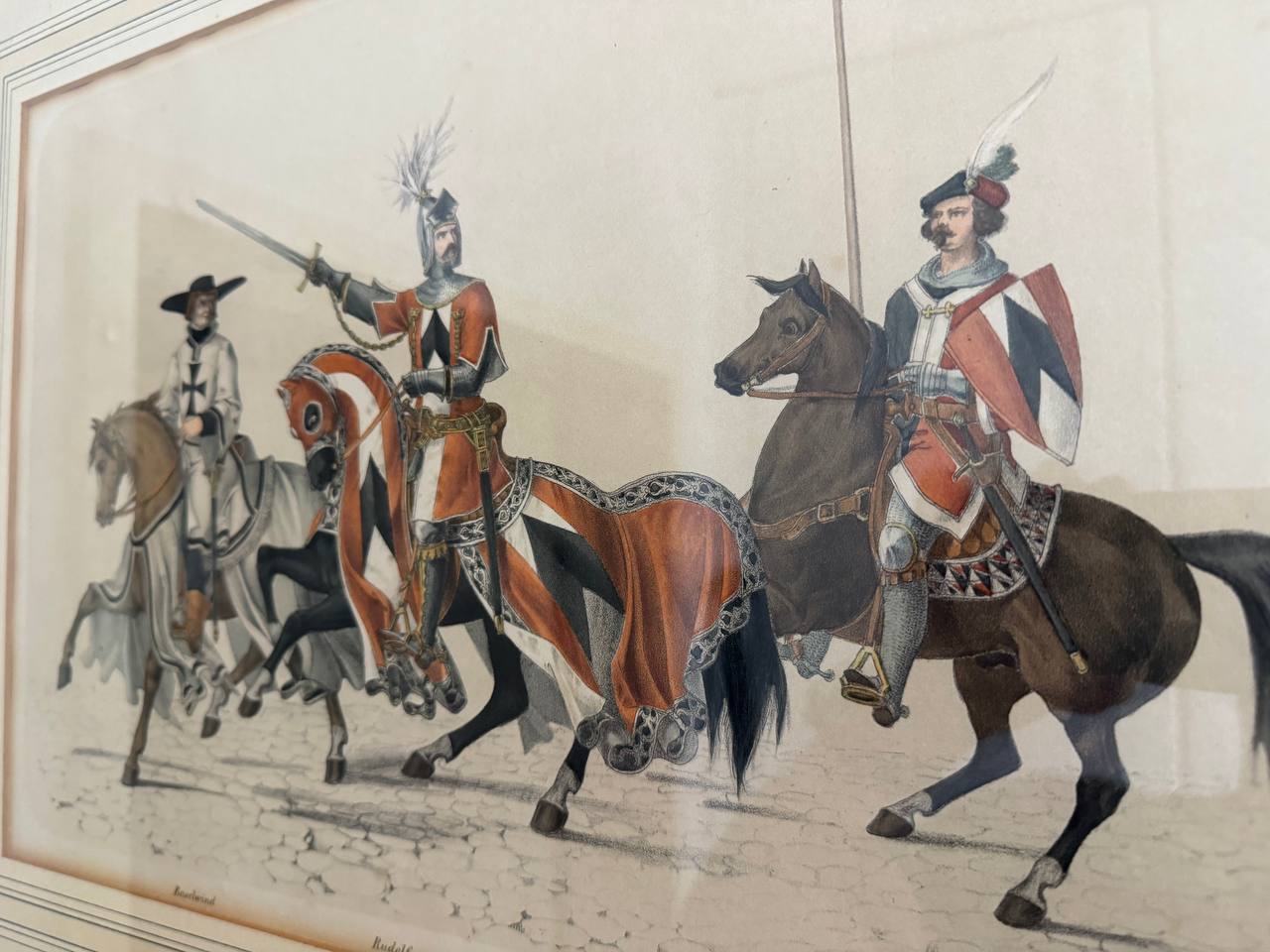 Rudolf von Erlach und Baselwind – Schweizer Ritter zu Pferde, kolorierte Lithographie — unknown