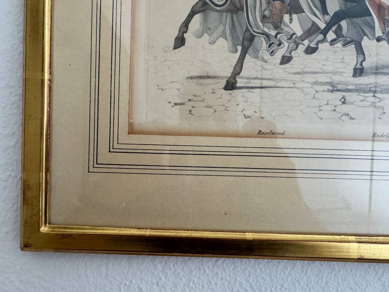 Rudolf von Erlach und Baselwind – Schweizer Ritter zu Pferde, kolorierte Lithographie — Rahmen