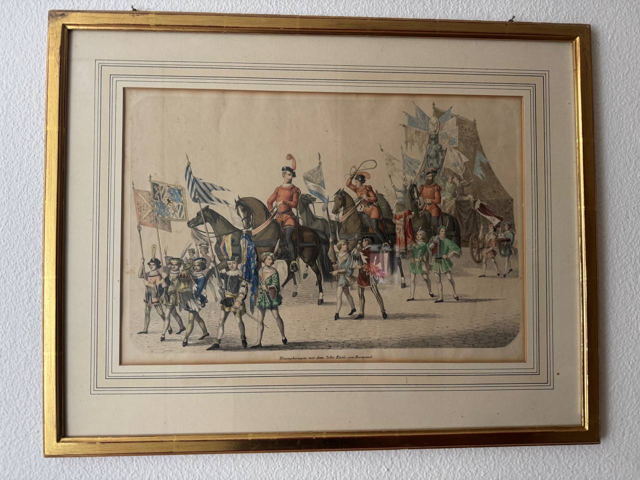 Triumphal Procession with the Tent of Charles the Bold of Burgundy – Hand-Coloured Steel Engraving, 19th Century
