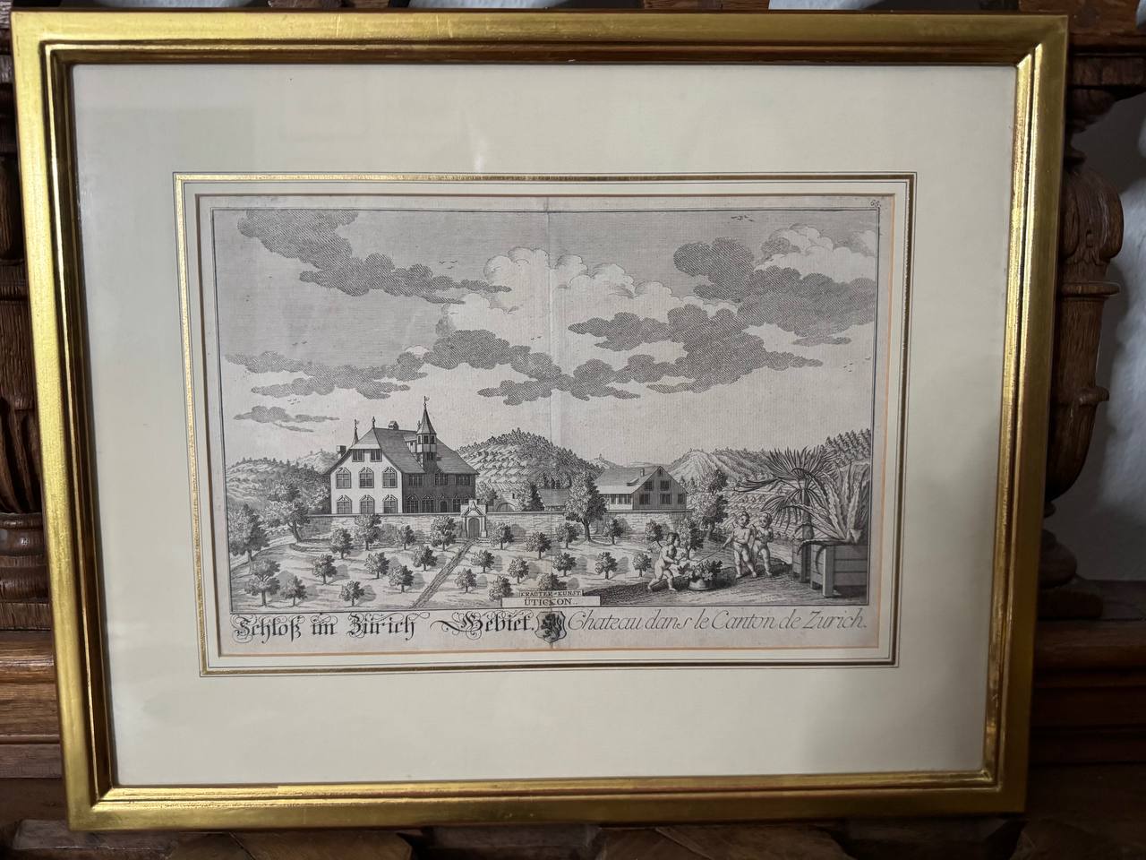 Utickon – Schloss im Zürich Gebiet, Kupferstich von David Herrliberger nach J.C. Nözli, um 1750 — Vorderseite