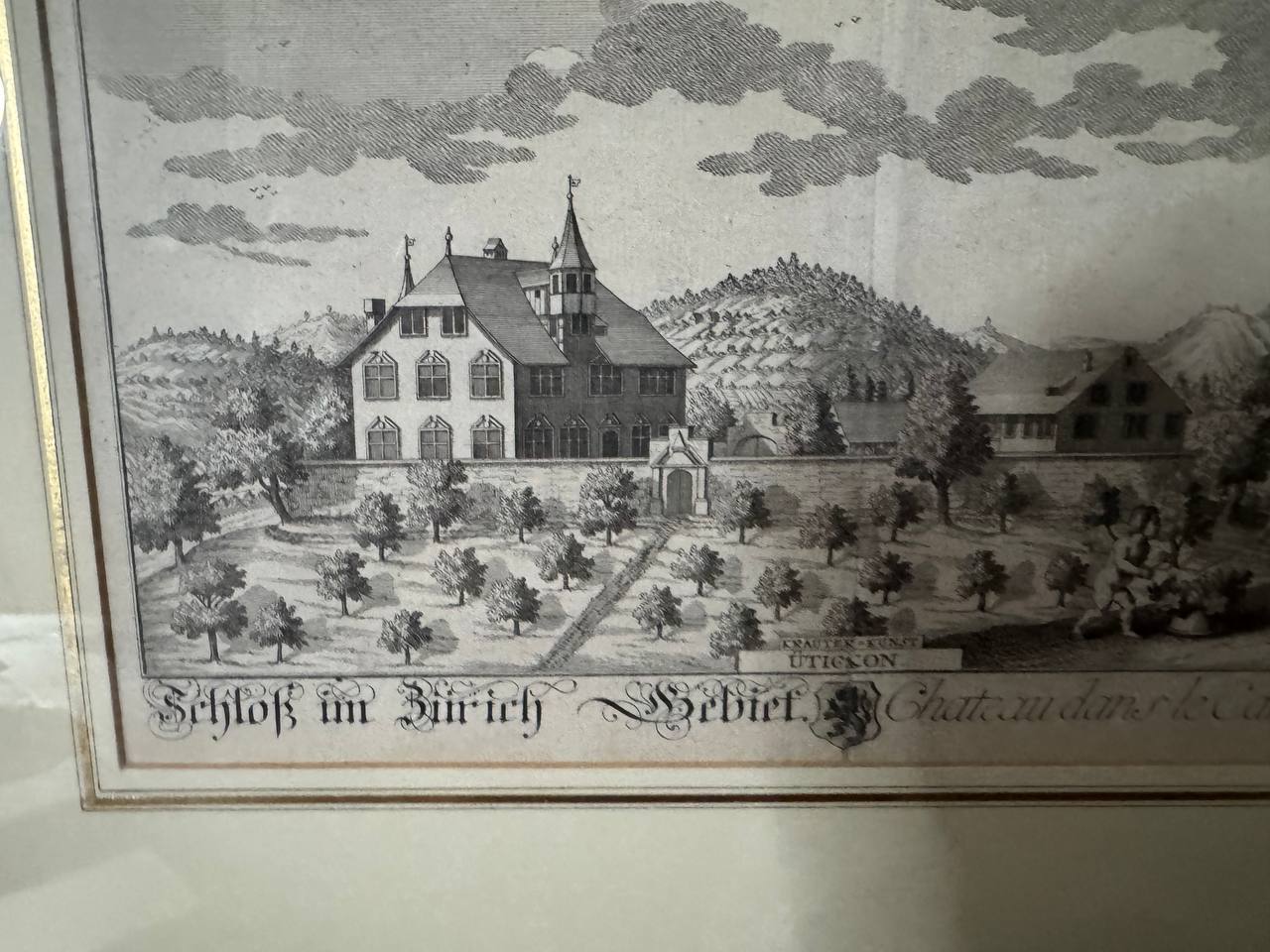 Utickon – Schloss im Zürich Gebiet, Kupferstich von David Herrliberger nach J.C. Nözli, um 1750 — Inschrift