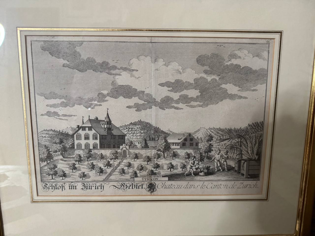 Utickon – Schloss im Zürich Gebiet, Kupferstich von David Herrliberger nach J.C. Nözli, um 1750 — Vorderseite