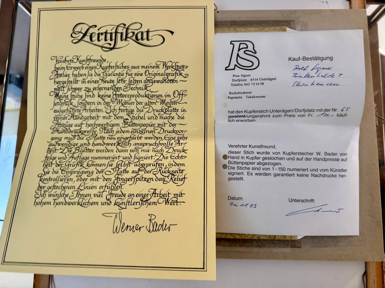 Unterägeri, Dorfplatz – Originalkupferstich Nr. 65/150, Werner Bader (1983) — sticker