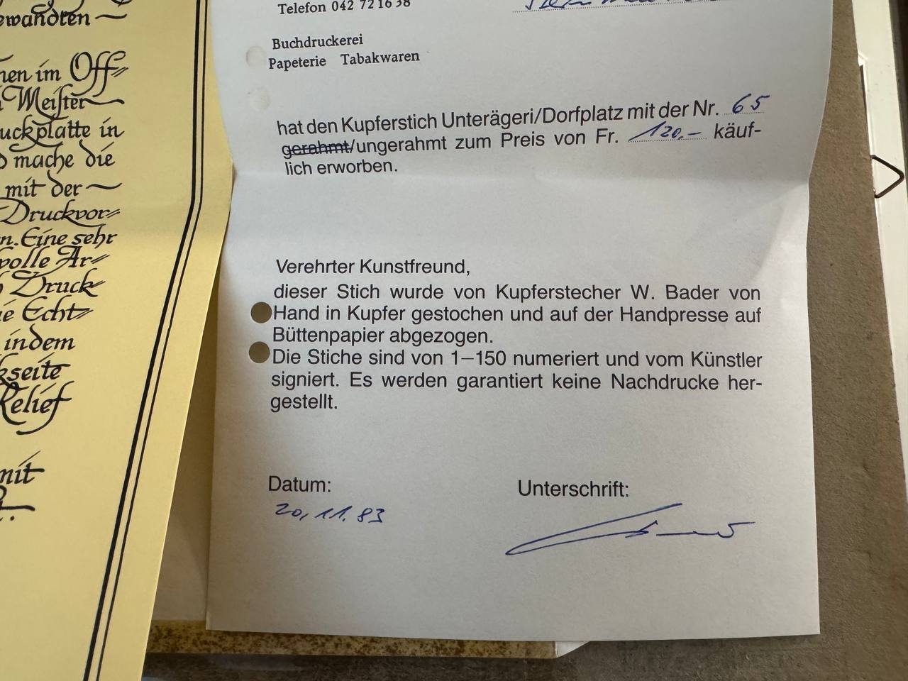 Unterägeri, Dorfplatz – Originalkupferstich Nr. 65/150, Werner Bader (1983) — sticker