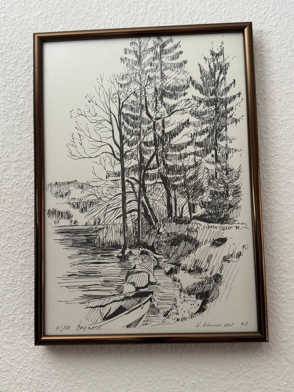 Bergwald mit Bach und Boot — Original-Federzeichnung, handsigniert und nummeriert 51/100 (V. Schneider, 1993) — Vorderseite