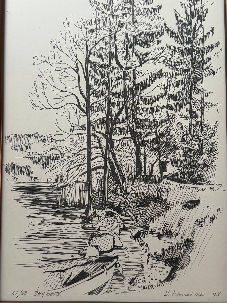 Bergwald mit Bach und Boot — Original-Federzeichnung, handsigniert und nummeriert 51/100 (V. Schneider, 1993) — Vorderseite