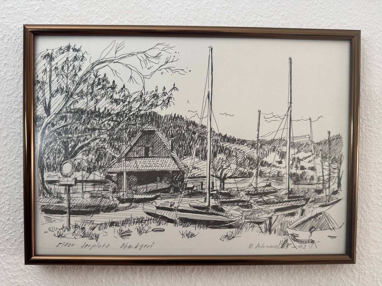 Seeplatz Oberägeri – Tuschezeichnung, nummerierte Auflage 5/100, 1993 — Vorderseite