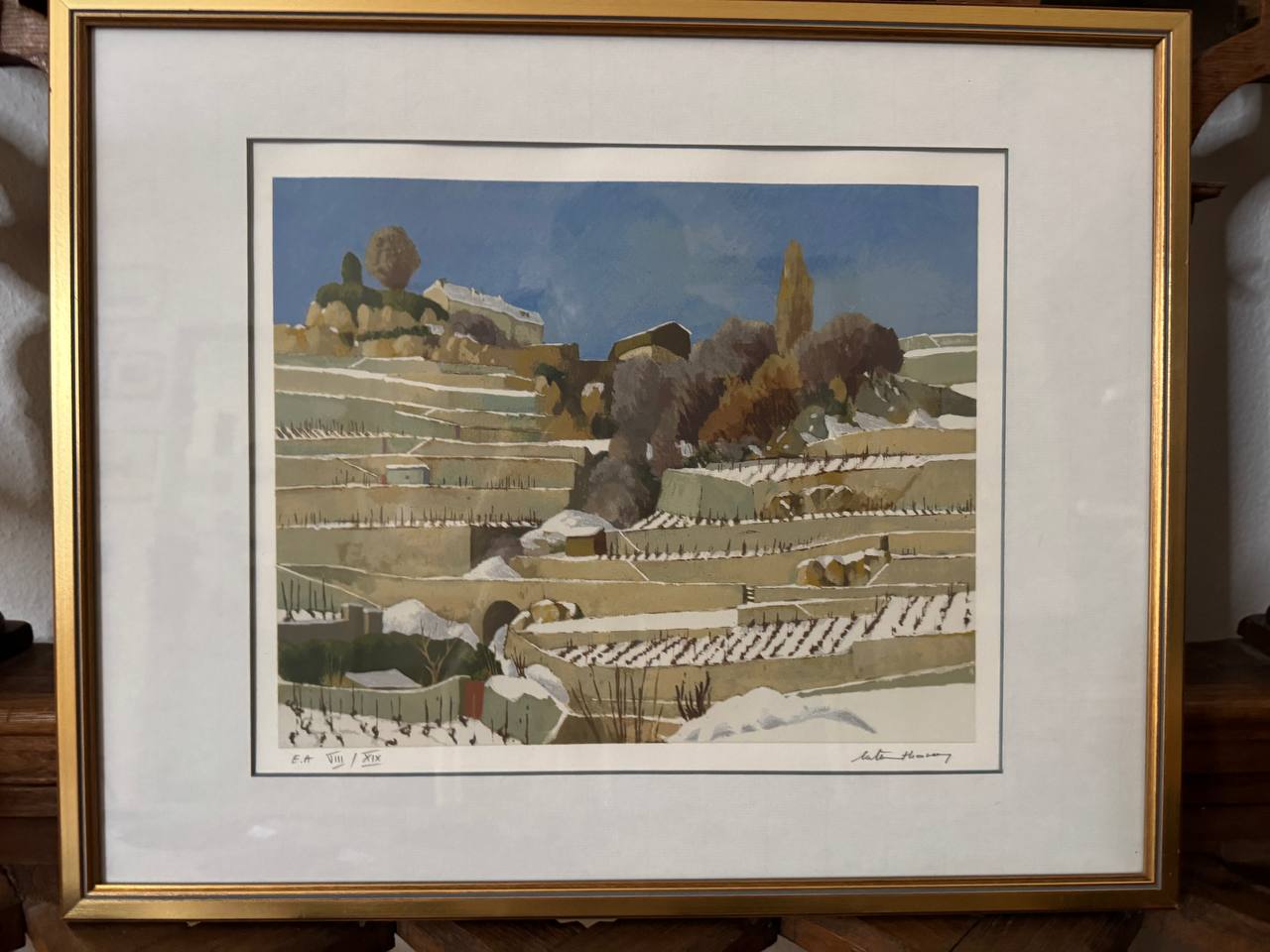 Winterliche Weinterrassen im Lavaux – Farblithographie von Michel Tenthorey, Chexbres (E.A. VIII/XIX) — Vorderseite