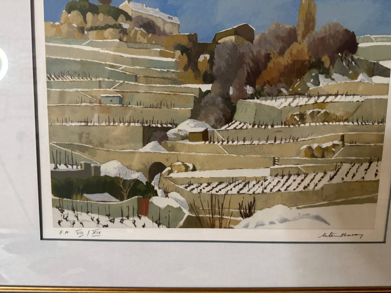 Winterliche Weinterrassen im Lavaux – Farblithographie von Michel Tenthorey, Chexbres (E.A. VIII/XIX) — Inschrift