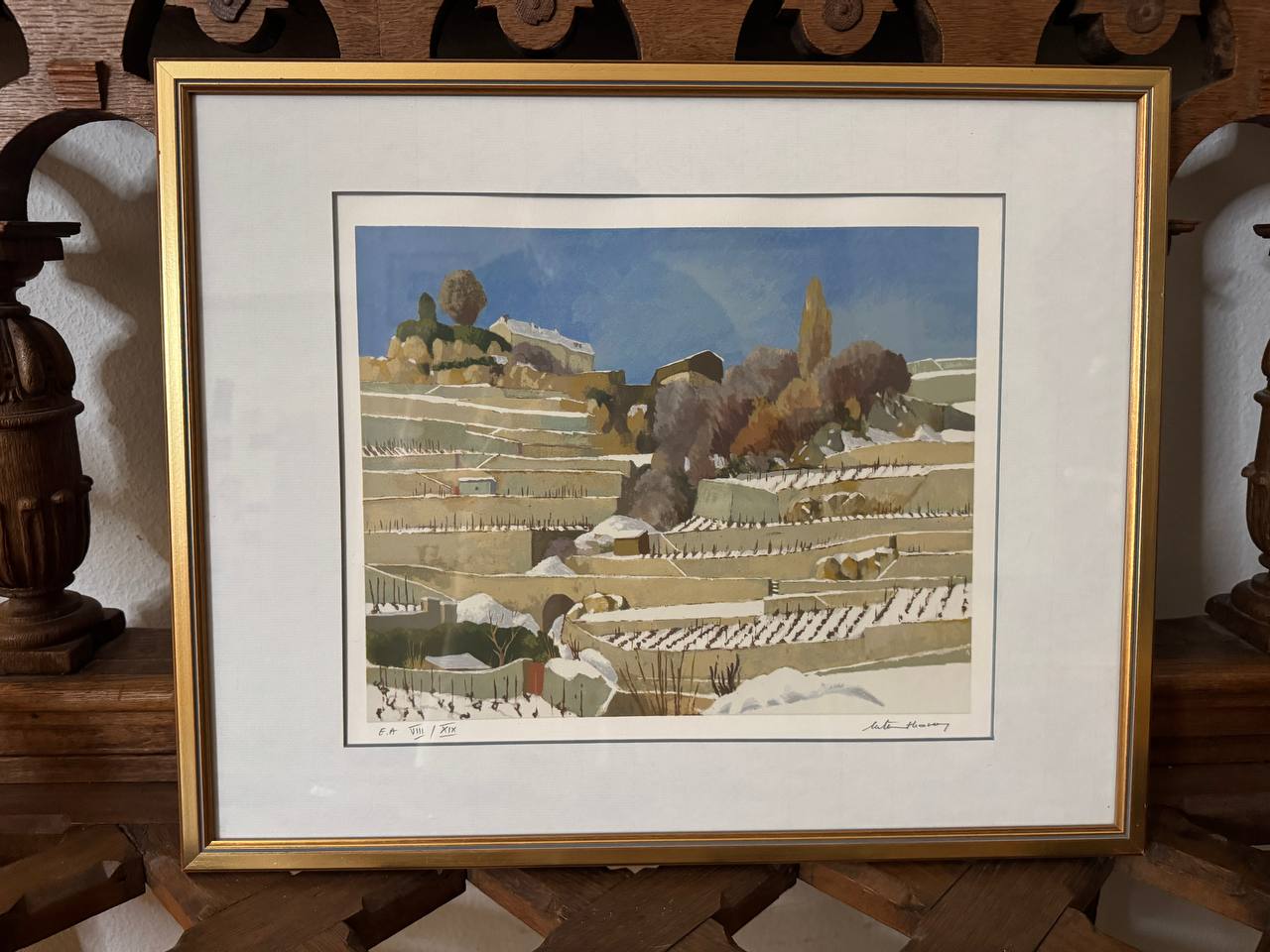 Winterliche Weinterrassen im Lavaux – Farblithographie von Michel Tenthorey, Chexbres (E.A. VIII/XIX) — Vorderseite