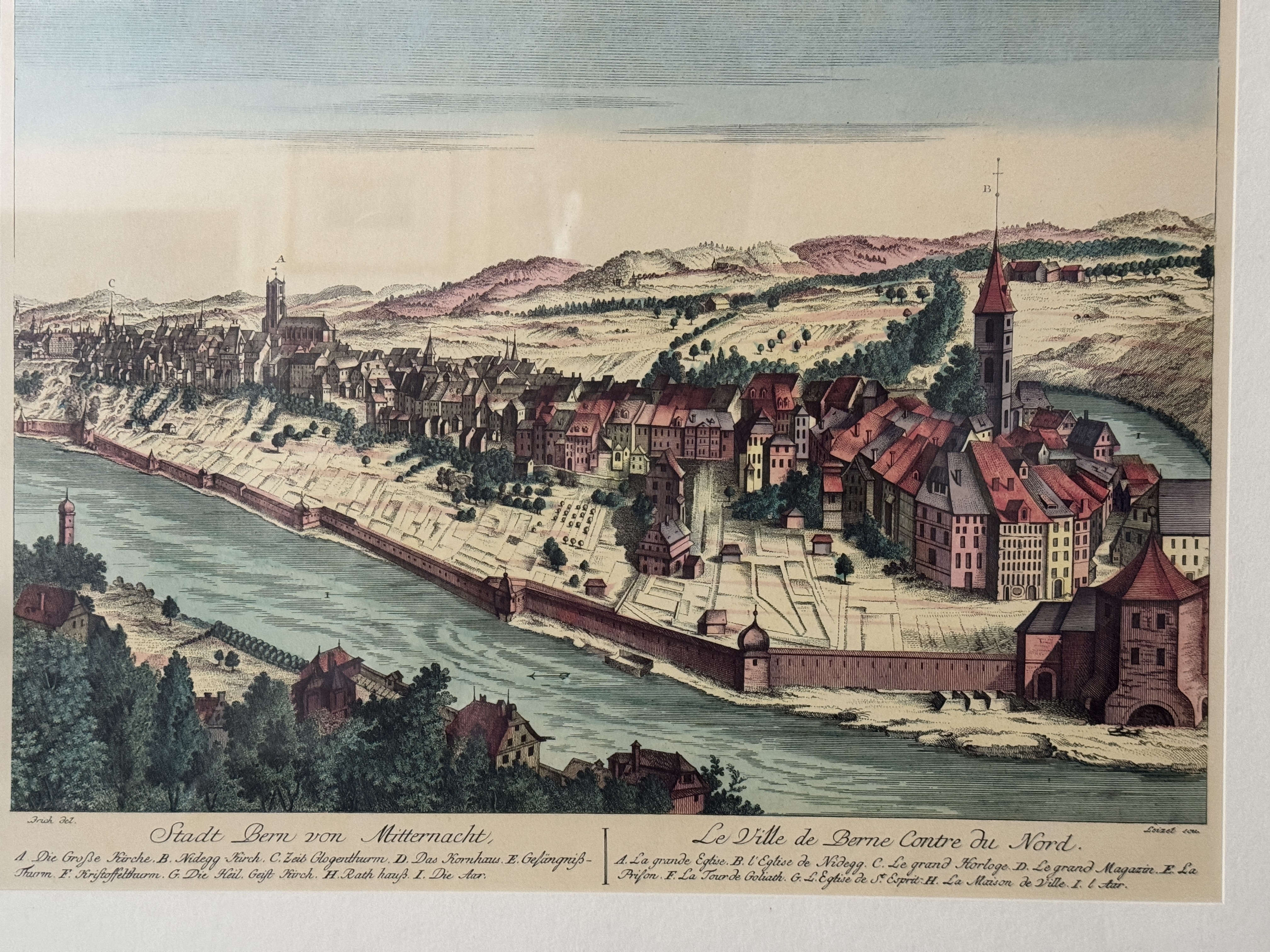 Stadt Bern von Mitternacht – Kolorierte Gesamtansicht mit der Aare, 18. Jahrhundert — Vorderseite