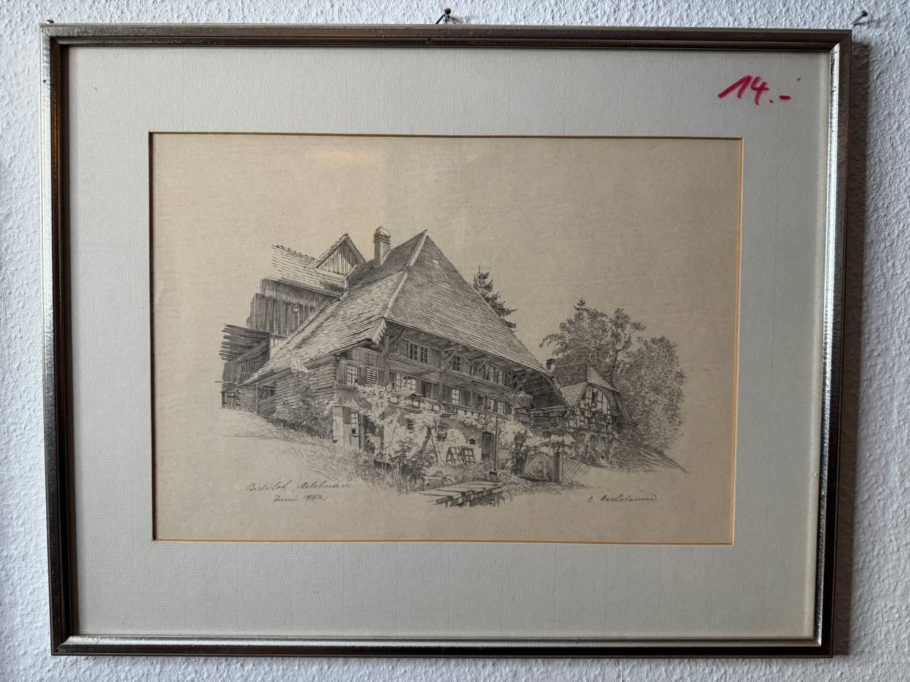Bärtschofbauernhaus in Melchnau – Bleistiftzeichnung eines Emmentaler Bauernhofs, Juni 1962 — Vorderseite