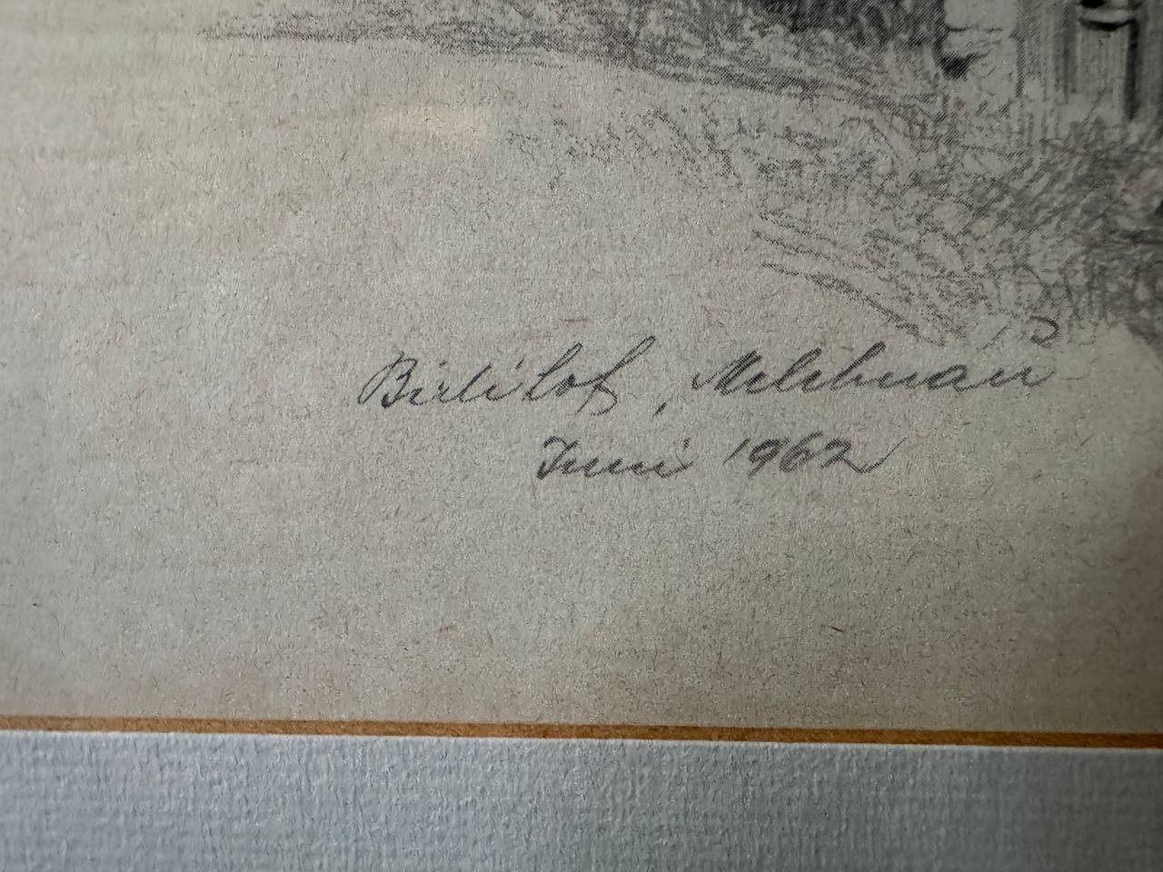 Bärtschofbauernhaus in Melchnau – Bleistiftzeichnung eines Emmentaler Bauernhofs, Juni 1962 — Inschrift