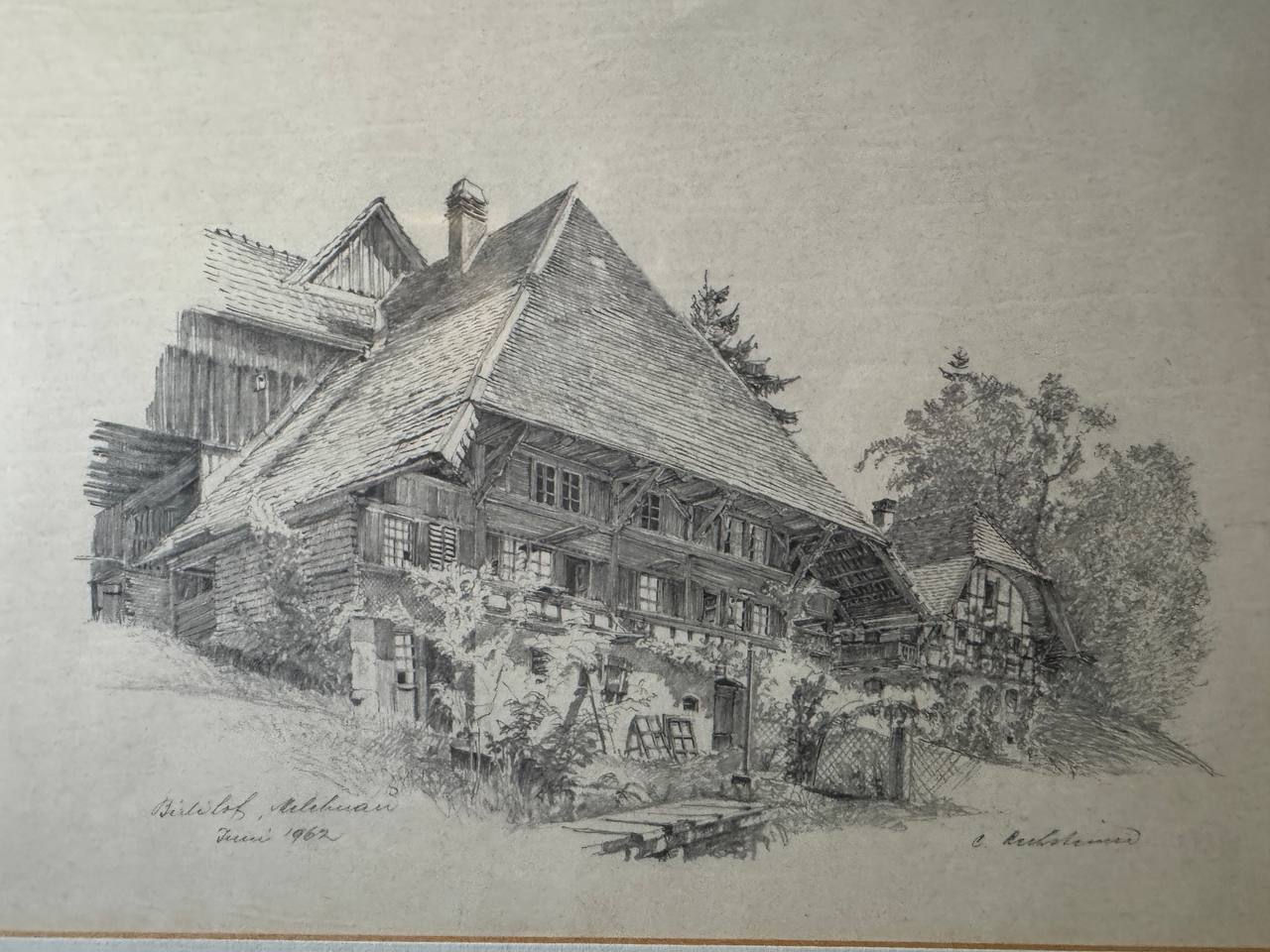 Bärtschofbauernhaus in Melchnau – Bleistiftzeichnung eines Emmentaler Bauernhofs, Juni 1962 — Vorderseite