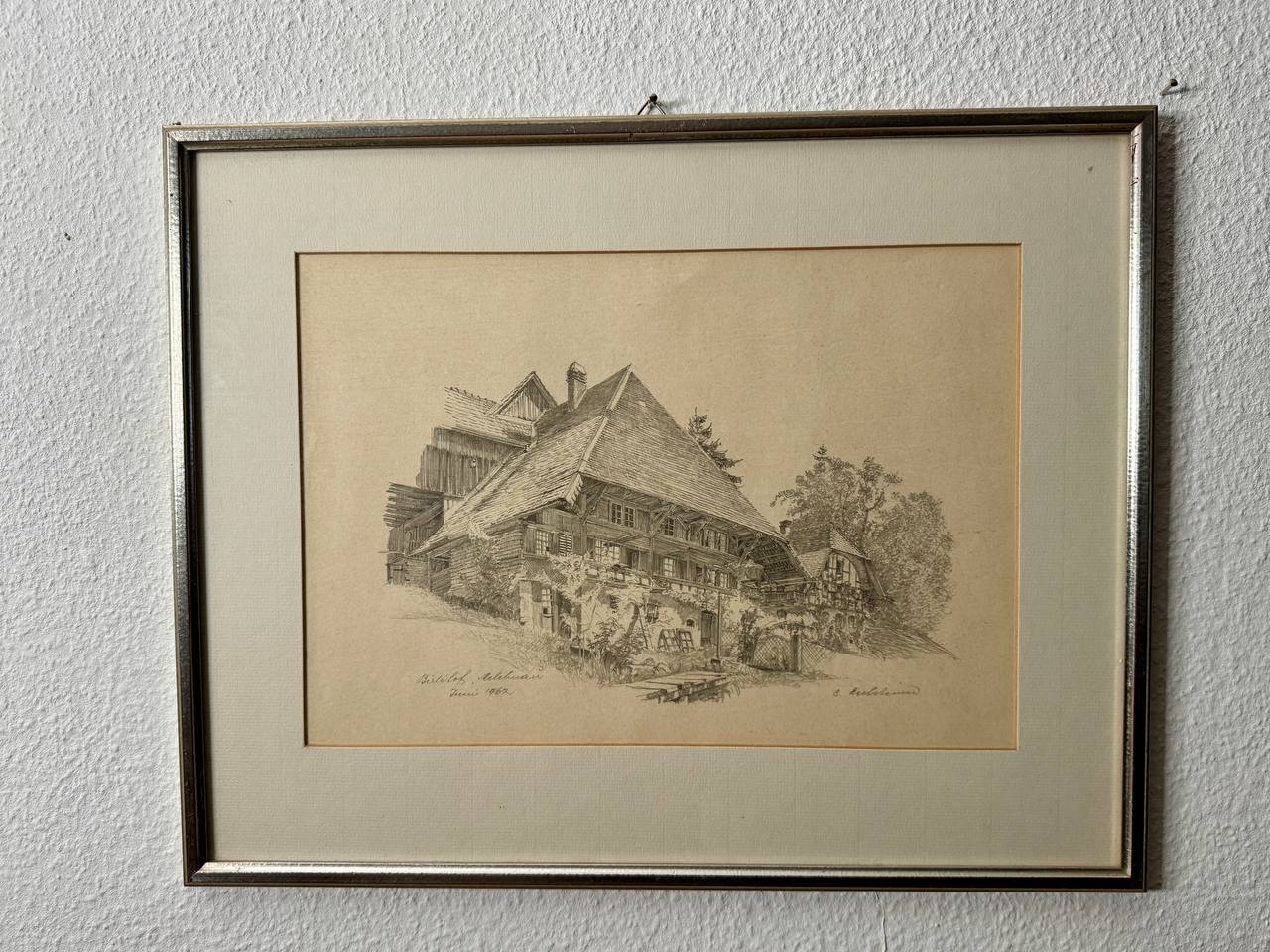 Bärtschofbauernhaus in Melchnau – Bleistiftzeichnung eines Emmentaler Bauernhofs, Juni 1962 — Vorderseite