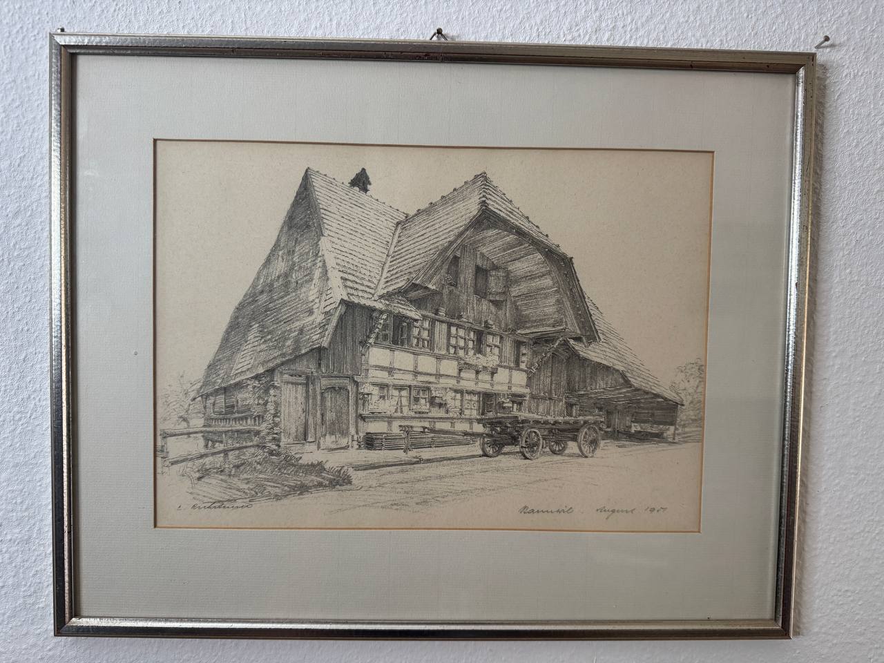 Emmentaler Bauernhaus in Ramiswil — Bleistiftzeichnung, August 1957 — Vorderseite