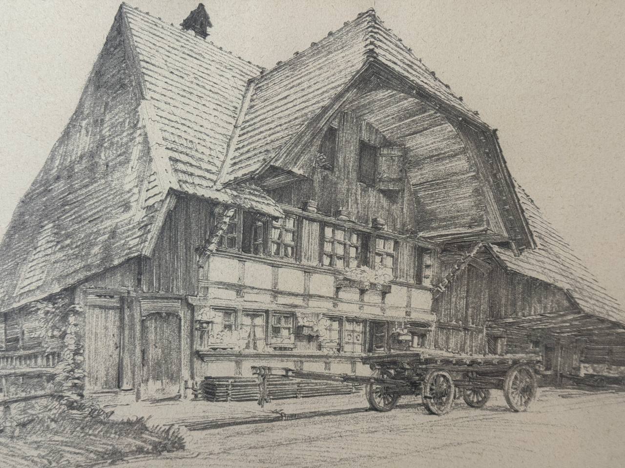 Emmentaler Bauernhaus in Ramiswil — Bleistiftzeichnung, August 1957 — Inschrift