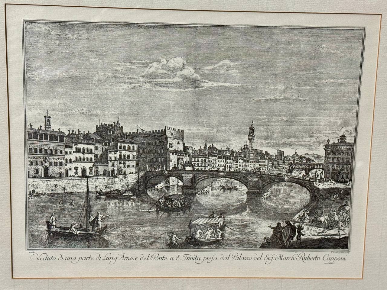 View of the Lungarno with the Santa Trinita Bridge in Florence – after Giuseppe Zocchi — Inschrift