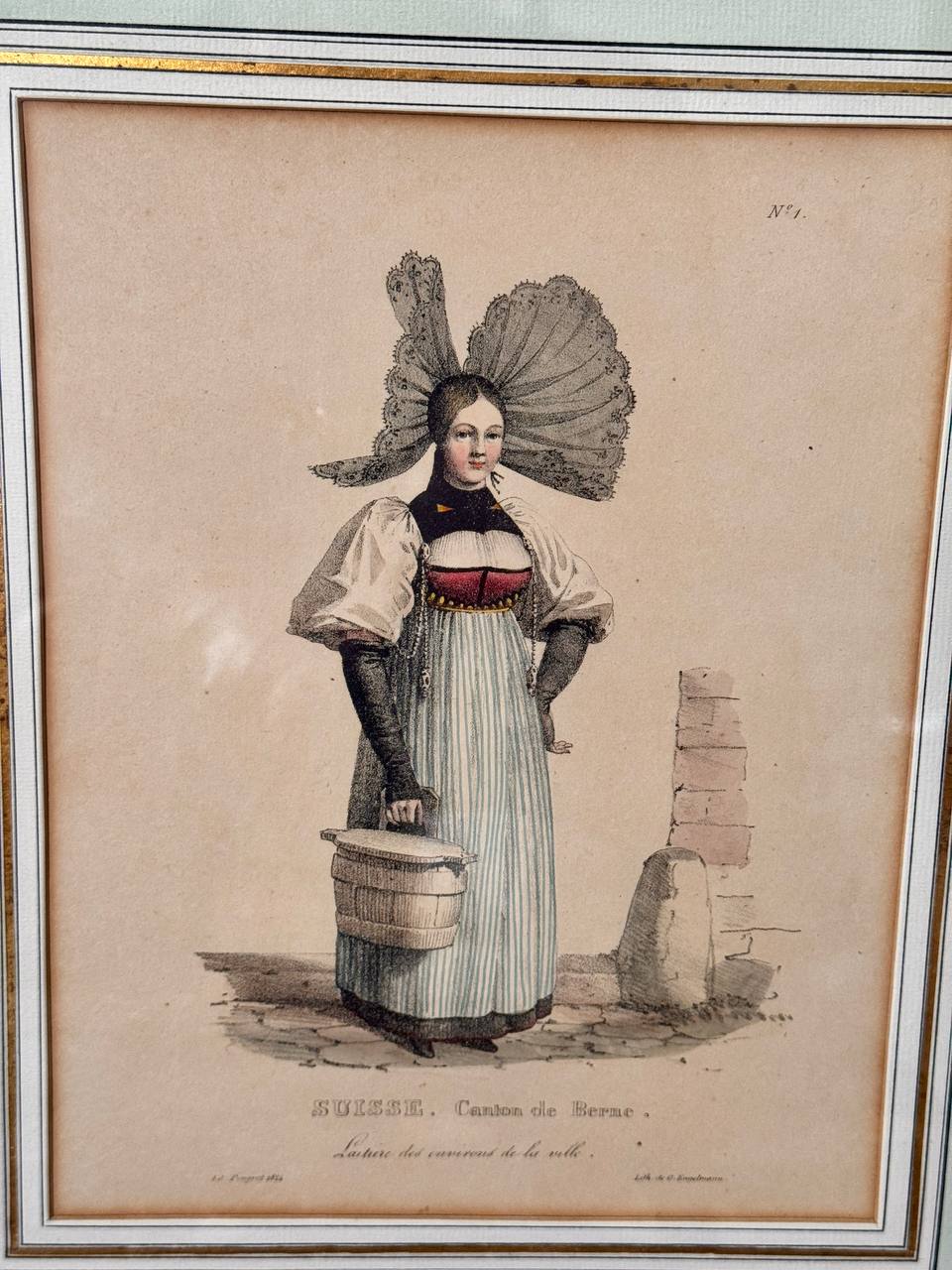 Bernese Milkmaid in Traditional Costume – Hand-Coloured Lithograph by Edouard Pingret, 1824 — Vorderseite