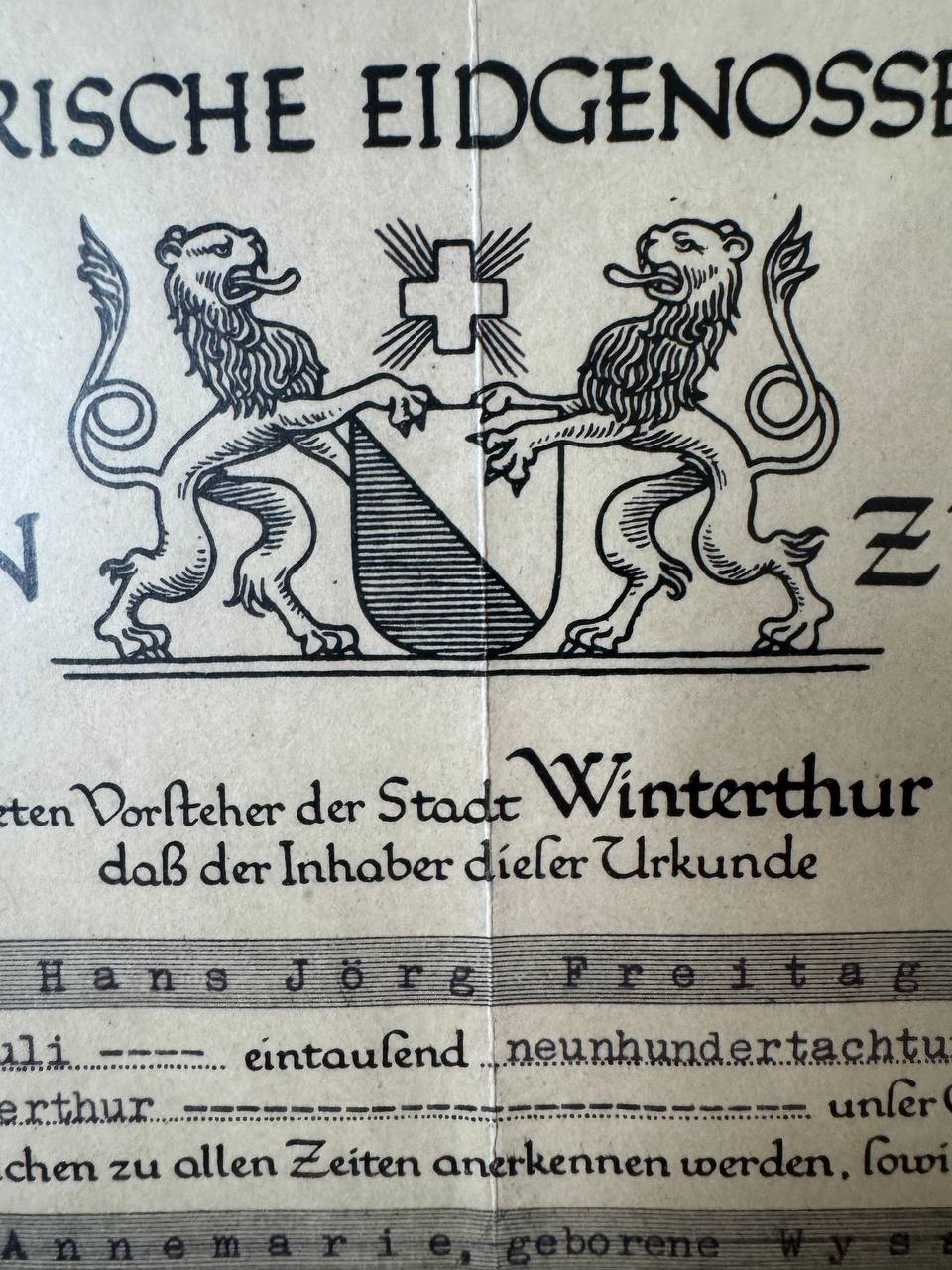 1956年 スイス連邦・チューリヒ州の公式証書です — Inschrift