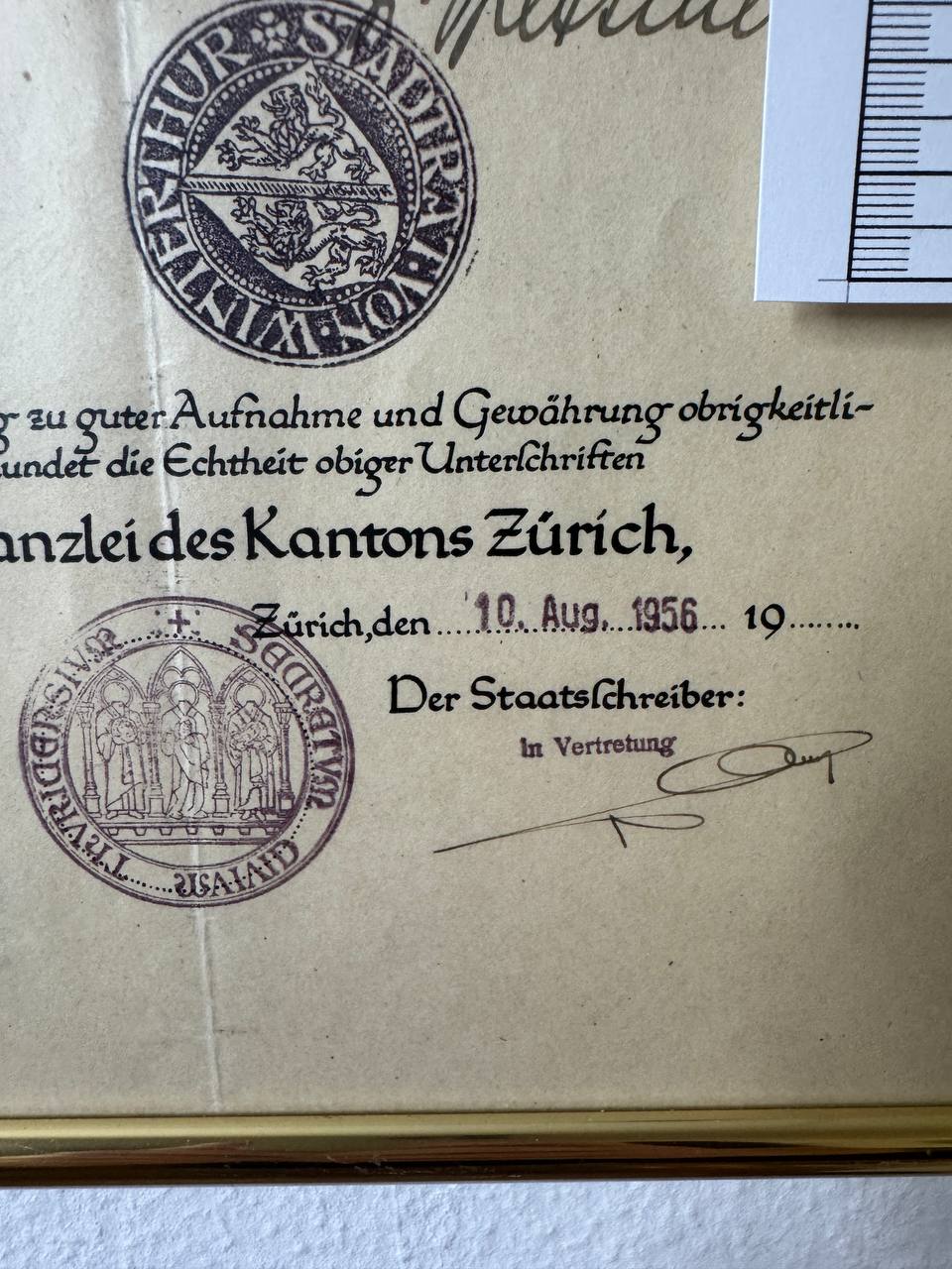 1956年 スイス連邦・チューリヒ州の公式証書です — Inschrift