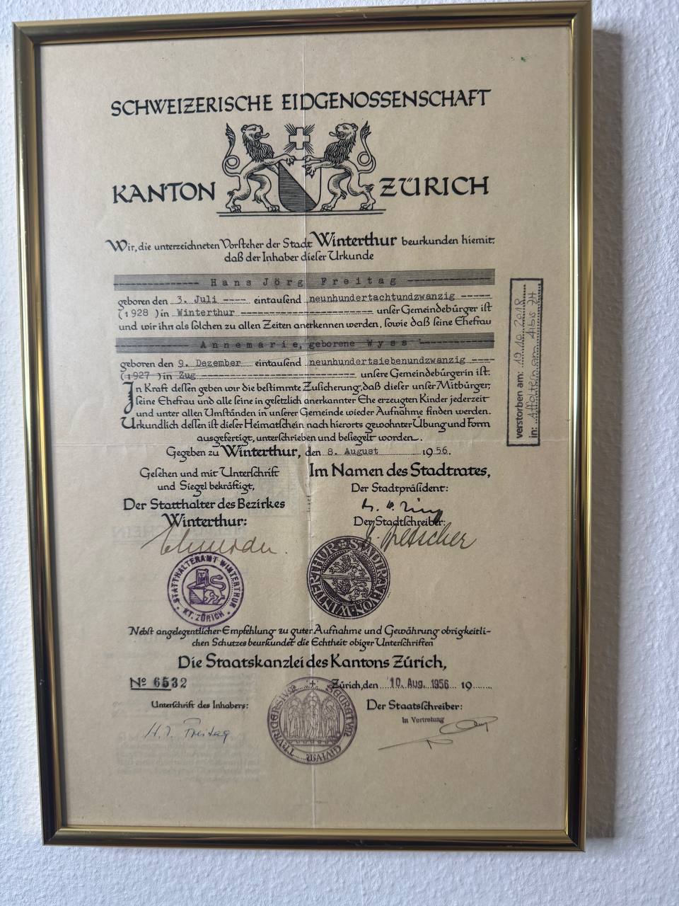 Heimatschein der Schweizerischen Eidgenossenschaft, Kanton Zürich – Winterthur 1956 — Vorderseite