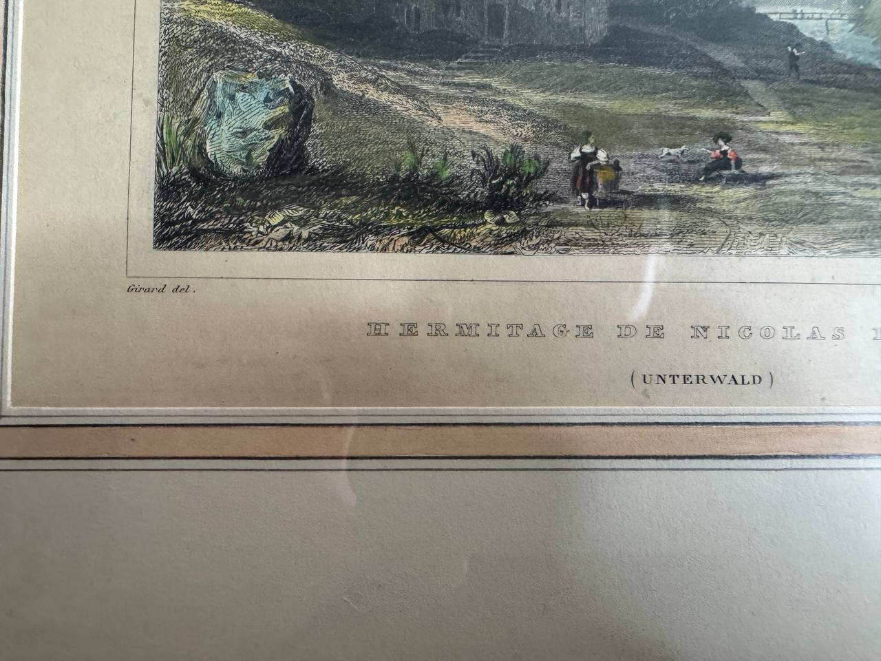 Hermitage de Nicolas de Flue (Unterwalden) – Kolorierter Stahlstich der Ranft-Einsiedelei — Inschrift