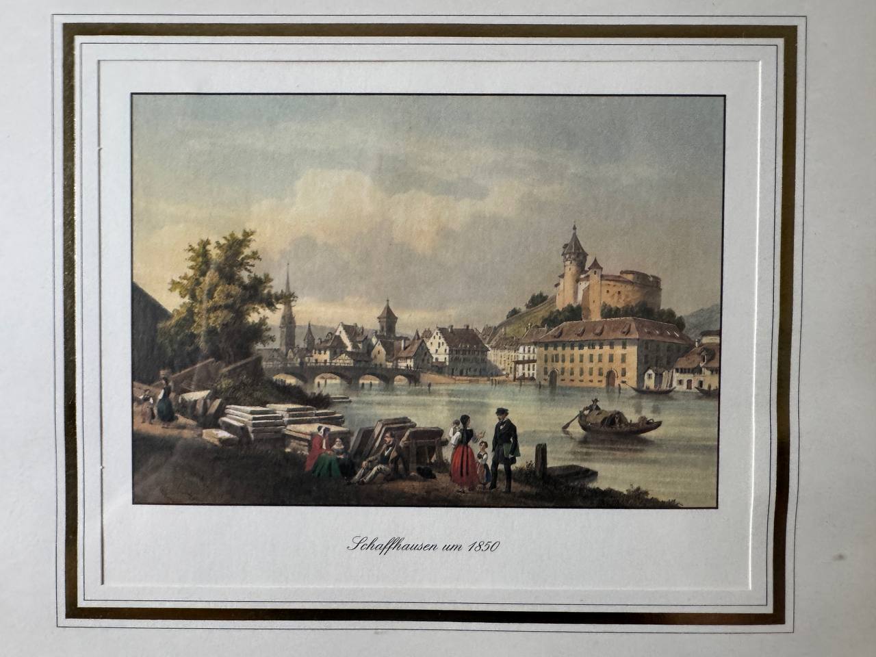 Schaffhausen circa 1850 — Hand-Coloured View with Munot Fortress and Rhine Riverbank — Inschrift