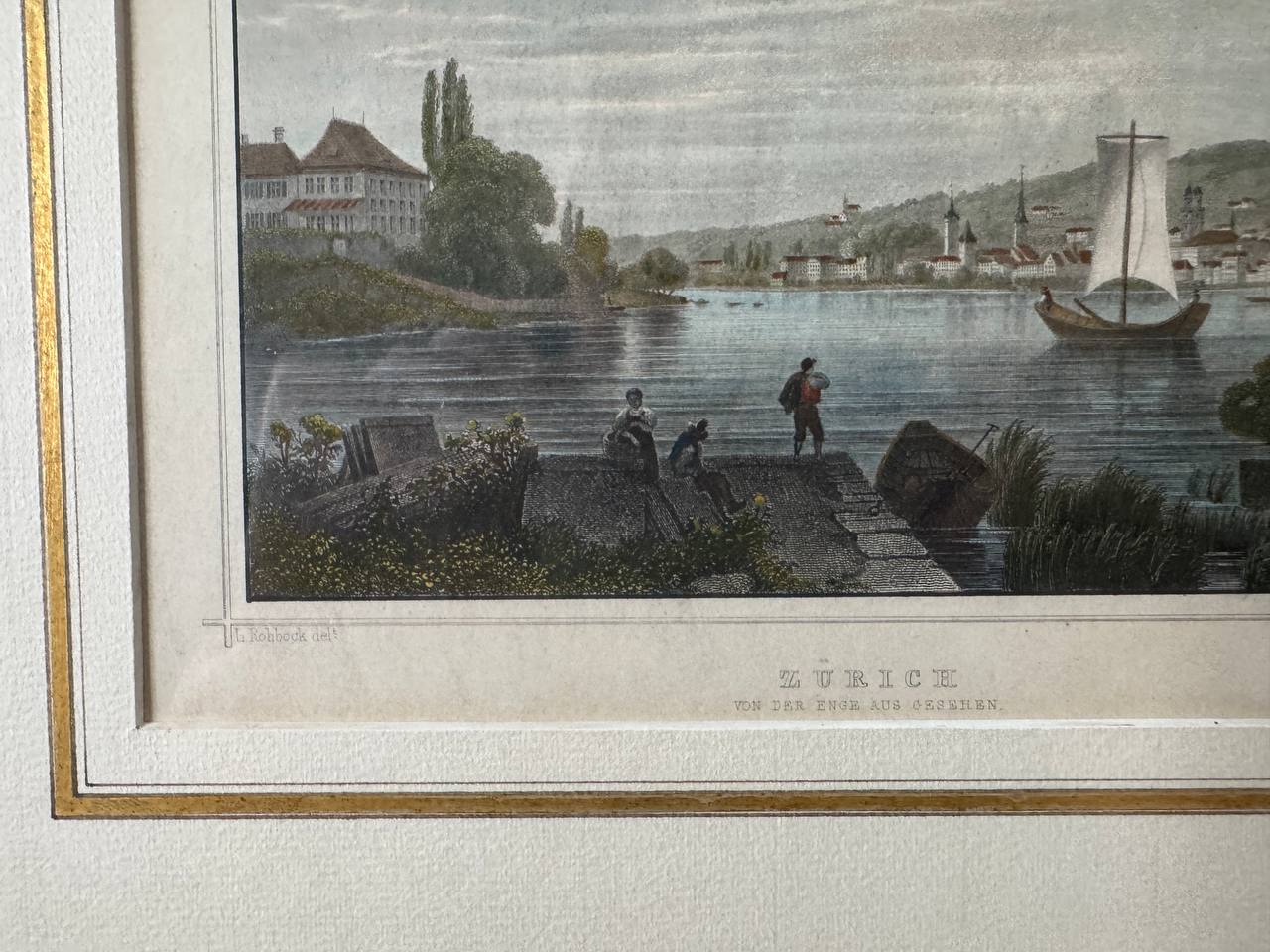 Zurich – Seen from the Enge. Hand-Coloured Steel Engraving after L. Rohbock, c. 1850 — Inschrift
