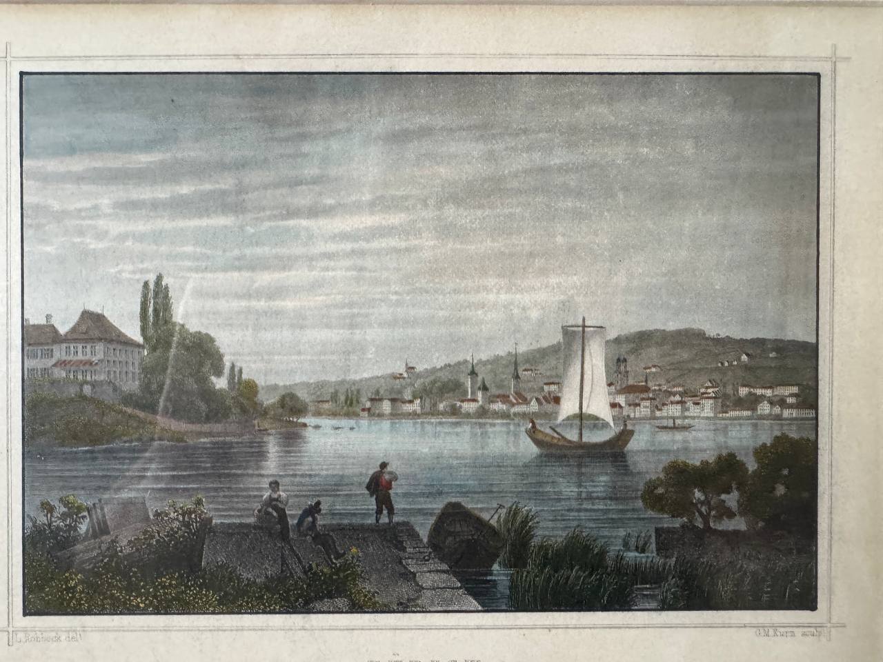 Zurich – Seen from the Enge. Hand-Coloured Steel Engraving after L. Rohbock, c. 1850 — Signatur