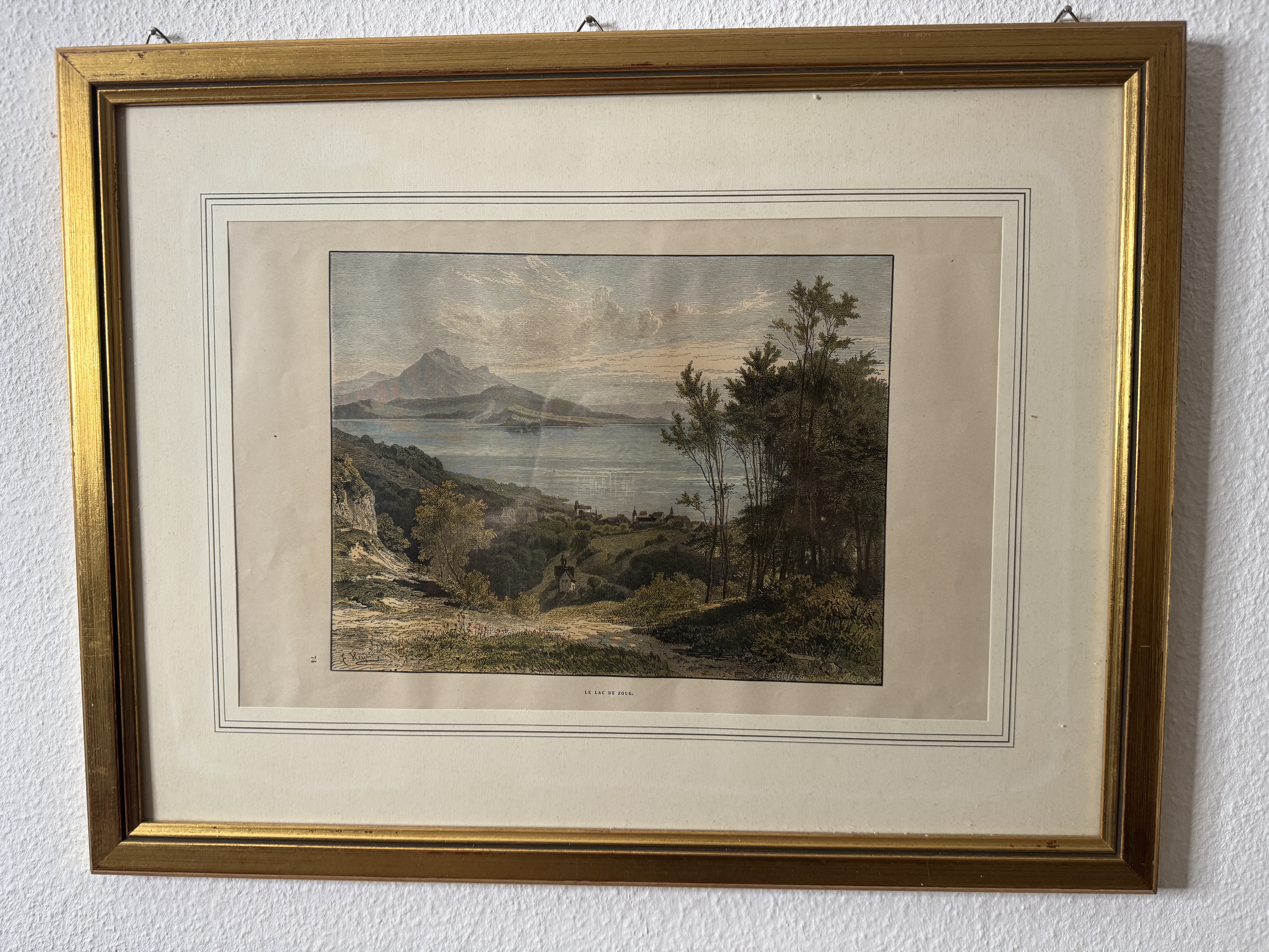 Le Lac de Zoug – Kolorierter Holzstich mit Blick auf den Zugersee und den Rigi — Vorderseite