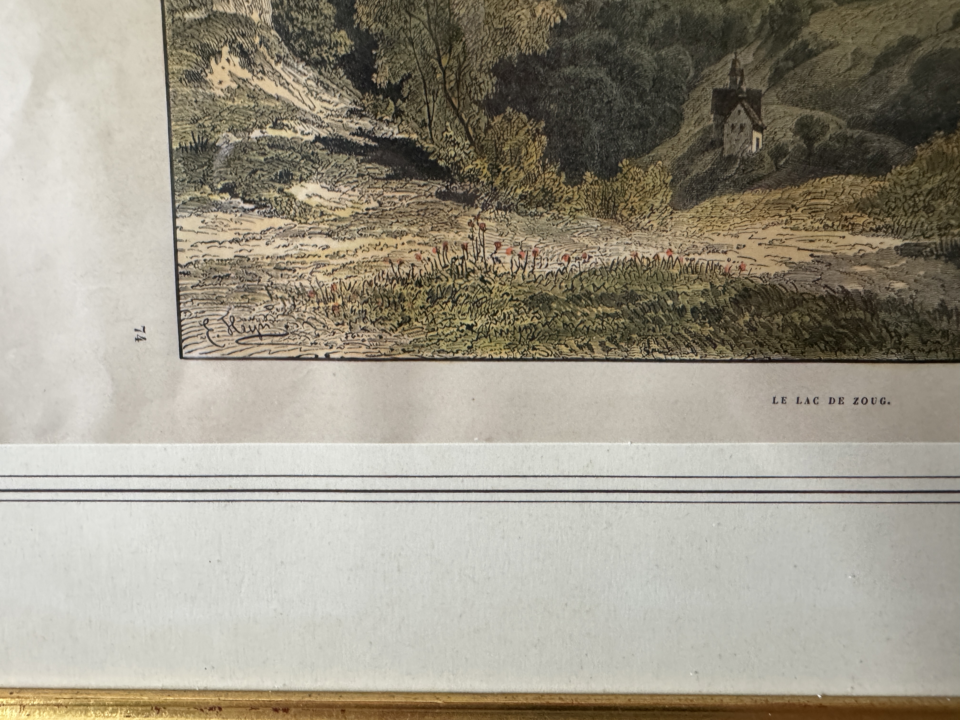 Le Lac de Zoug – Kolorierter Holzstich mit Blick auf den Zugersee und den Rigi — Inschrift