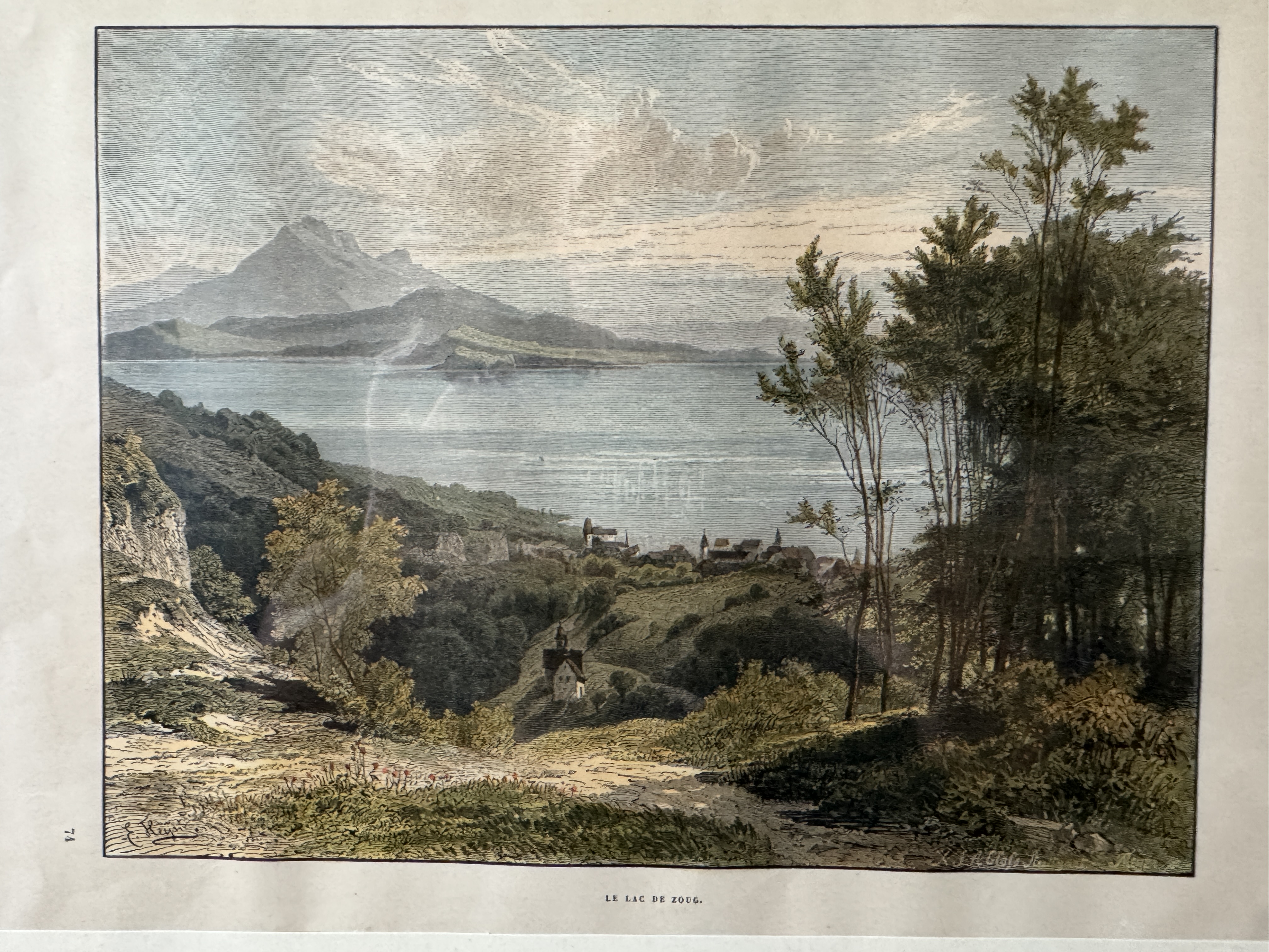 Le Lac de Zoug – Kolorierter Holzstich mit Blick auf den Zugersee und den Rigi — Vorderseite