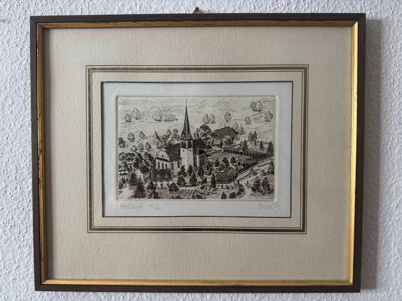 Hochdorf – Original-Radierung der Pfarrkirche St. Martin, handsigniert von Bader, nummeriert 12/200 — Vorderseite