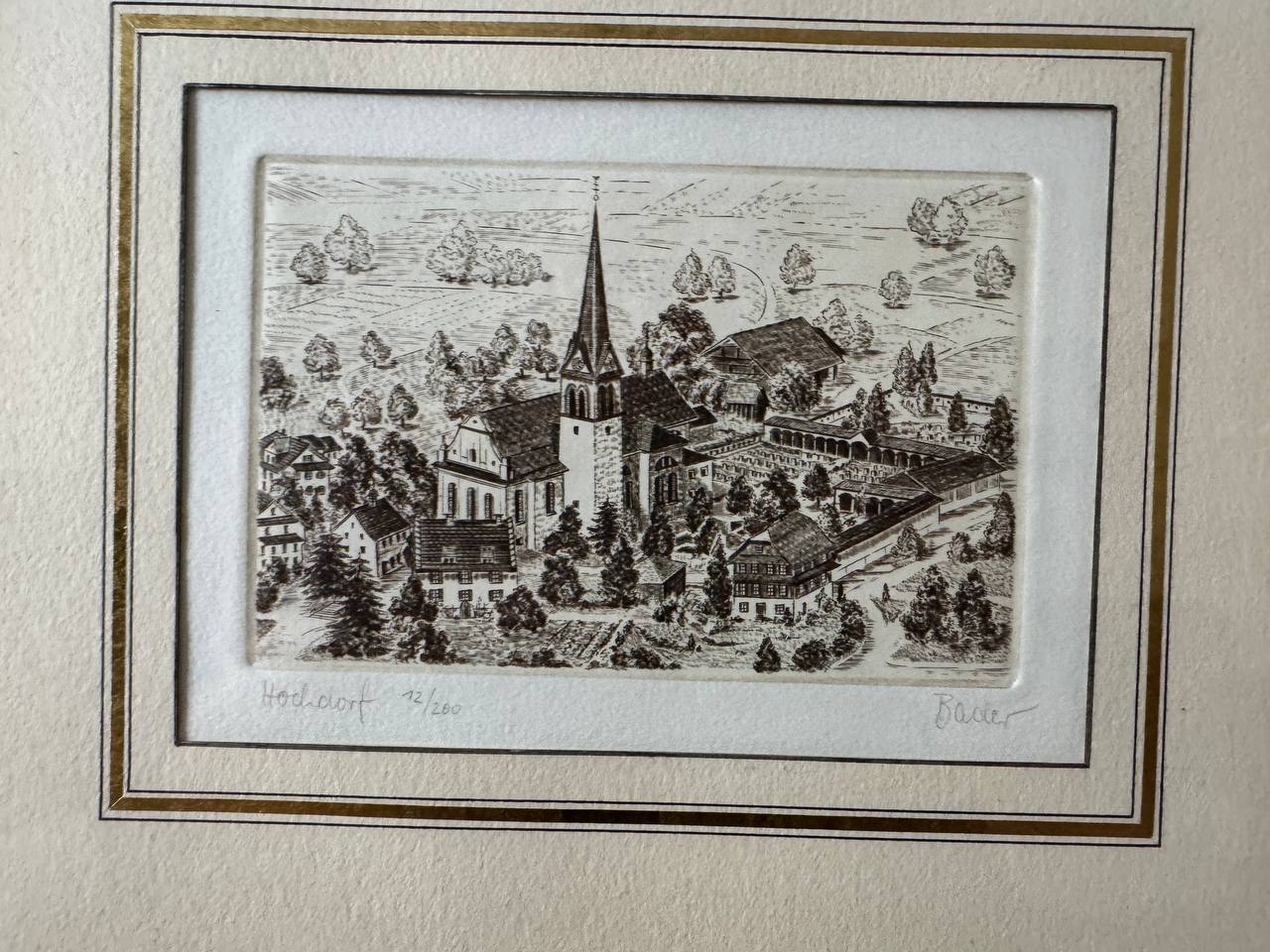 Hochdorf – Original-Radierung der Pfarrkirche St. Martin, handsigniert von Bader, nummeriert 12/200 — Vorderseite