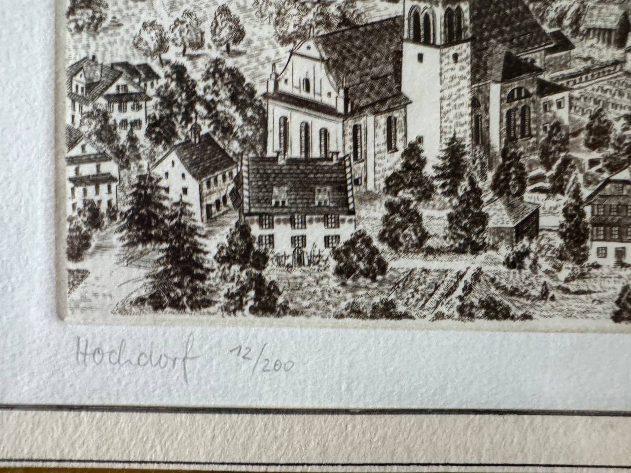 Hochdorf – Original-Radierung der Pfarrkirche St. Martin, handsigniert von Bader, nummeriert 12/200 — Inschrift